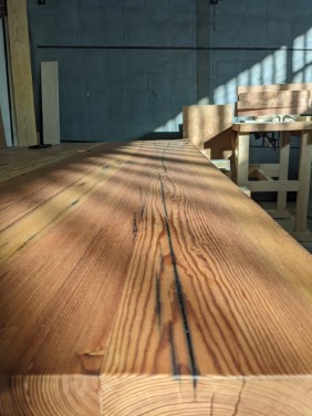 close up of resin filled cracks in table top